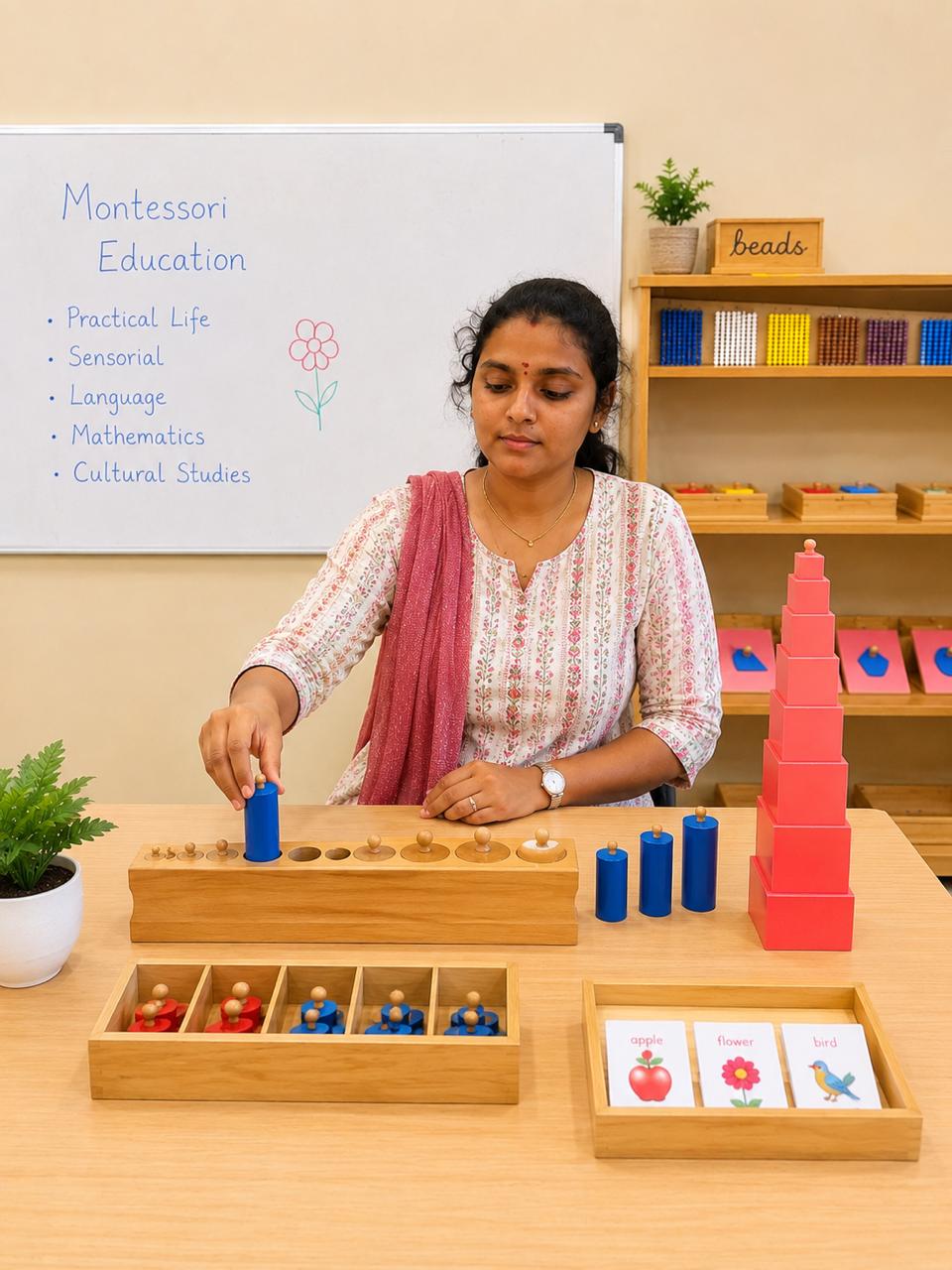Montessori trainer demonstrating practical life and sensorial materials including cylinder blocks, pink tower and language cards